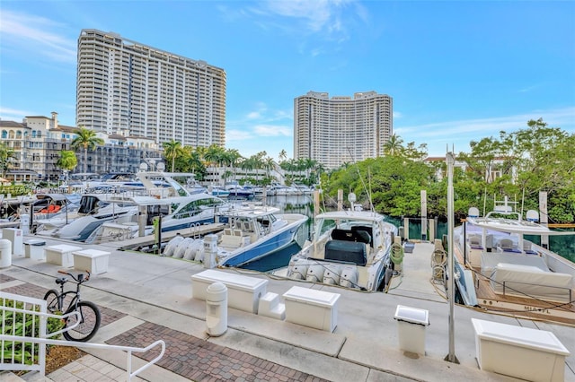 dock area with a water view and a city view