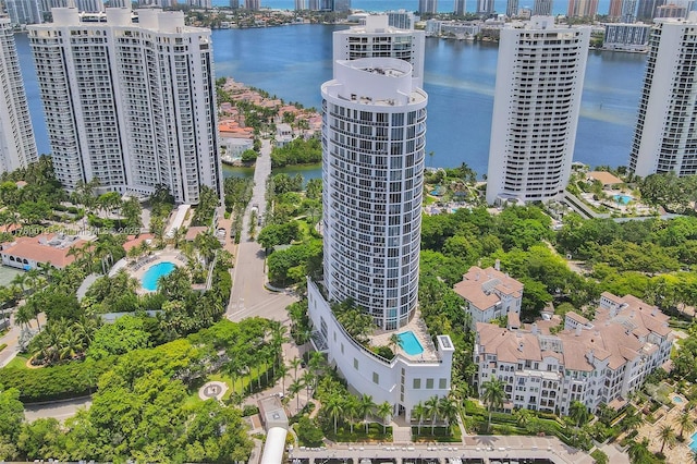 bird's eye view with a water view and a city view