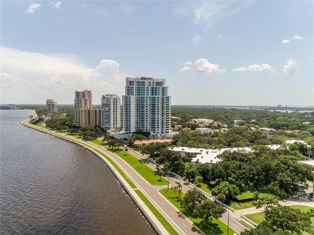 bird's eye view featuring a water view and a city view