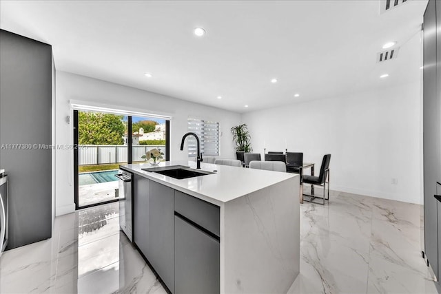 2021 SW 23rd St, Miami, FL 33145 - kitchen featuring a sink, modern cabinets, gray cabinetry, recessed lighting, and a kitchen island with sink