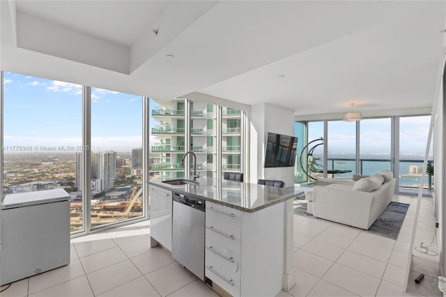 kitchen with a sink, dark stone counters, white cabinetry, expansive windows, and dishwasher