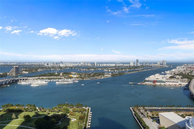 drone / aerial view with a view of city and a water view