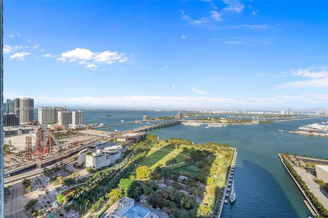 aerial view featuring a city view and a water view