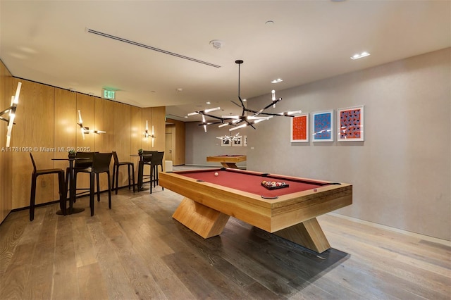 game room featuring pool table, baseboards, wood finished floors, and a notable chandelier