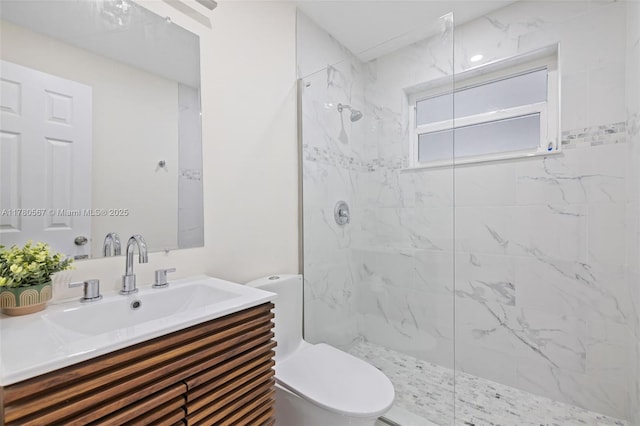 bathroom with a marble finish shower, toilet, and vanity