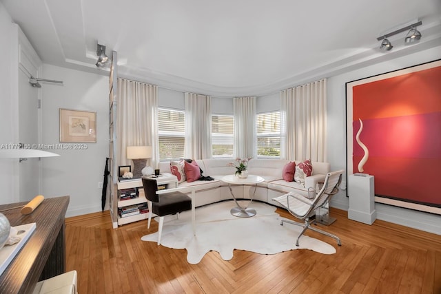 living room with baseboard heating, wood finished floors, baseboards, and plenty of natural light
