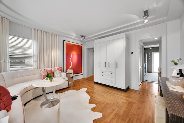 living room featuring a raised ceiling