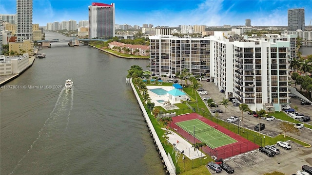 aerial view with a view of city and a water view