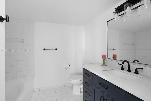 full bath with toilet, tile patterned floors, vanity, and washtub / shower combination