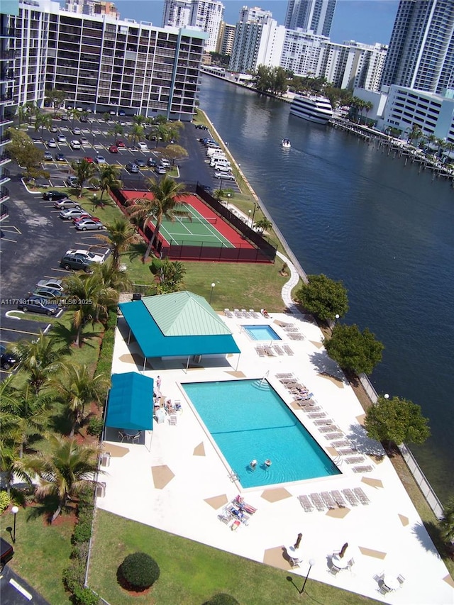 aerial view featuring a water view and a view of city