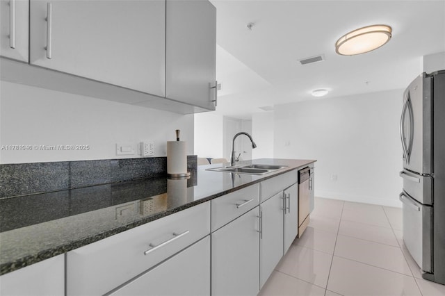 kitchen featuring white cabinetry, visible vents, dark stone countertops, appliances with stainless steel finishes, and a sink
