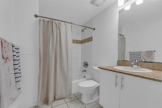 full bathroom featuring shower / tub combo with curtain, tile patterned floors, vanity, and toilet