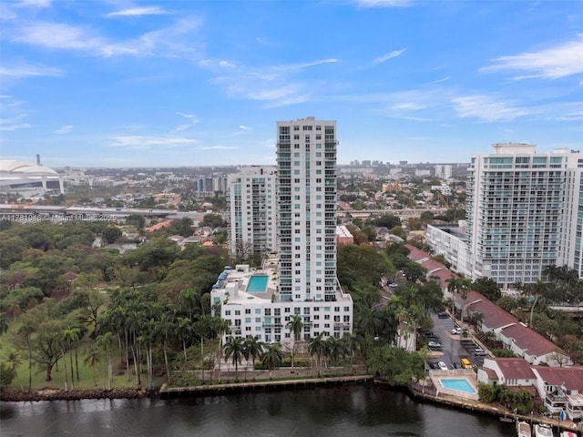 aerial view with a city view and a water view