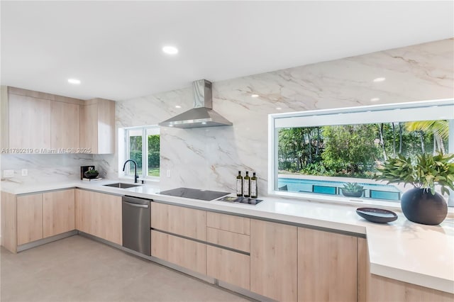 7551 SW 109th Ter, Pinecrest, FL 33156 - kitchen featuring light brown cabinetry, wall chimney range hood, stainless steel dishwasher, light countertops, and recessed lighting
