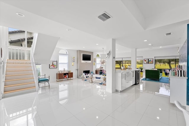 22818 El Dorado Dr, Boca Raton, FL 33433 - living room featuring recessed lighting, stairs, light tile patterned floors, and visible vents