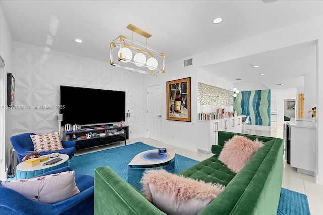 22818 El Dorado Dr, Boca Raton, FL 33433 - living area featuring an inviting chandelier, tile patterned flooring, visible vents, and recessed lighting