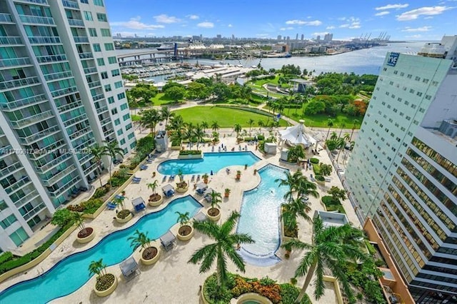 bird's eye view with a view of city and a water view