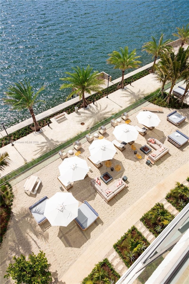 drone / aerial view with a water view
