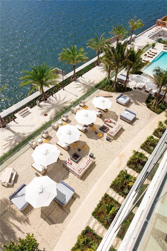 aerial view featuring a water view