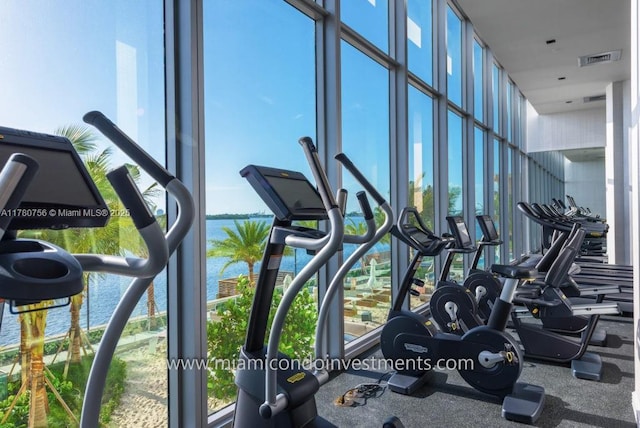 exercise room featuring visible vents, expansive windows, and a water view