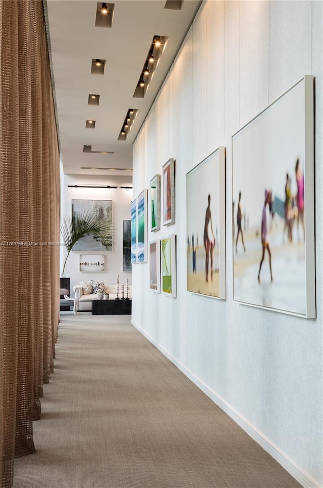 corridor featuring track lighting, carpet floors, and baseboards