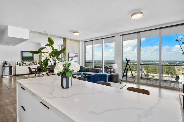 3470 E Coast Ave Unit H2601, Miami, FL 33137 - kitchen featuring expansive windows, white cabinetry, light stone countertops, and open floor plan