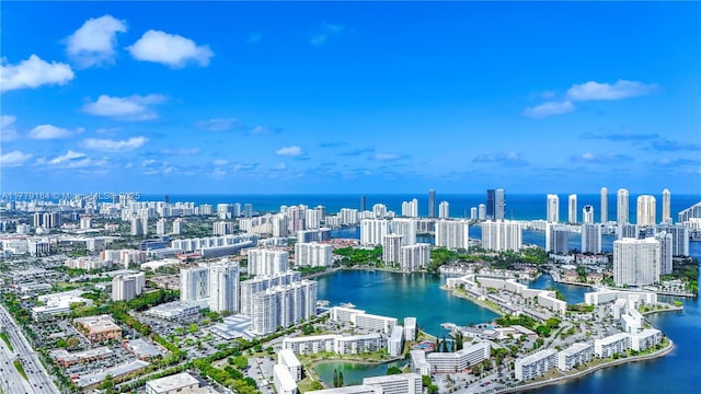 birds eye view of property featuring a city view and a water view