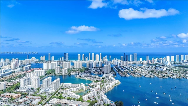 drone / aerial view with a view of city and a water view