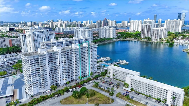 drone / aerial view featuring a view of city and a water view