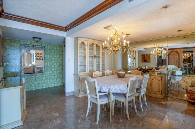dining area with a textured ceiling, a chandelier, wallpapered walls, baseboards, and ornamental molding