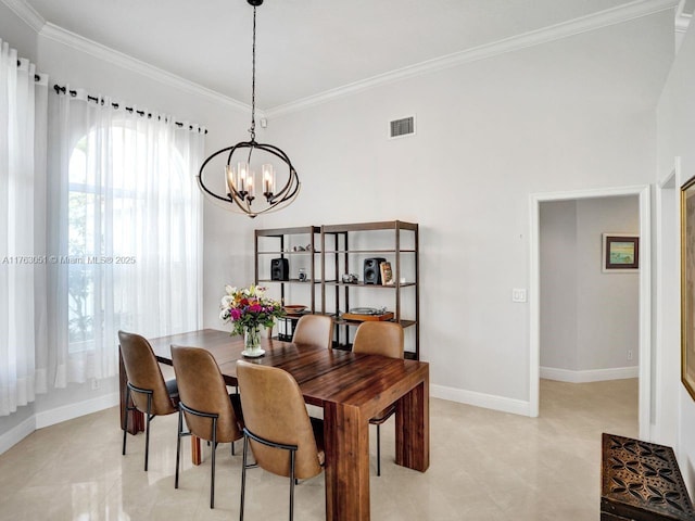 dining room with an inviting chandelier, light tile patterned floors, ornamental molding, visible vents, and baseboards