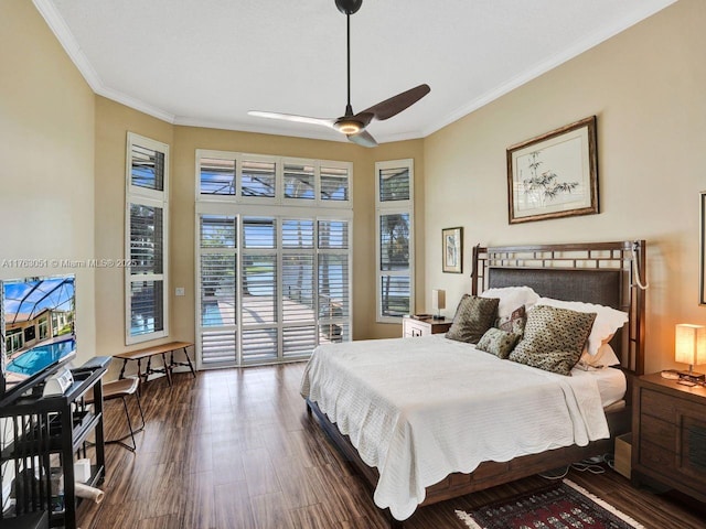 bedroom with a ceiling fan, crown molding, access to exterior, and dark wood finished floors