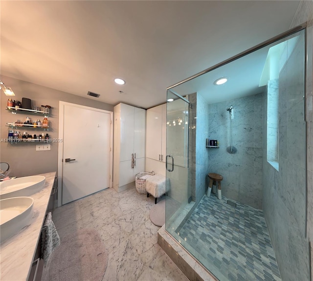 253 NE 2nd St Unit 1003, Miami, FL 33132 - full bath featuring a stall shower, double vanity, recessed lighting, and marble finish floors