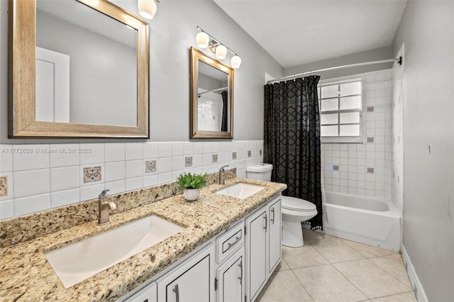 17611 SW 66th St, Southwest Ranches, FL 33331 - full bath featuring toilet, tile patterned floors, shower / tub combo with curtain, double vanity, and baseboards