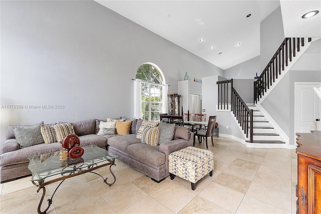 1008 NW 116th Ave, Coral Springs, FL 33071 - living area featuring high vaulted ceiling, stairs, light tile patterned floors, and recessed lighting