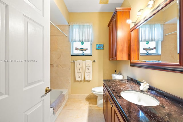 bathroom featuring vanity,  shower combination, toilet, marble finish floor, and baseboards