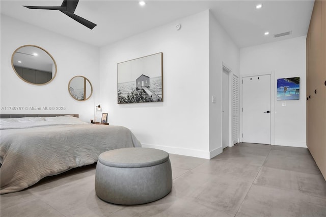 311 Poinciana Dr Unit 801, Sunny Isles Beach, FL 33160 - bedroom featuring ceiling fan, concrete flooring, visible vents, recessed lighting, and baseboards