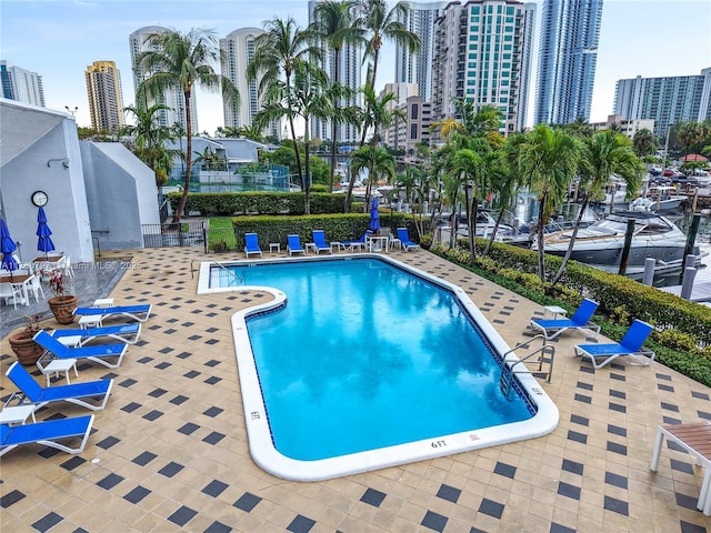 311 Poinciana Dr Unit 801, Sunny Isles Beach, FL 33160 - pool with fence, a patio, and a view of city