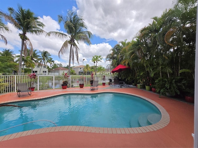 view of pool featuring a fenced in pool, a patio area, and fence