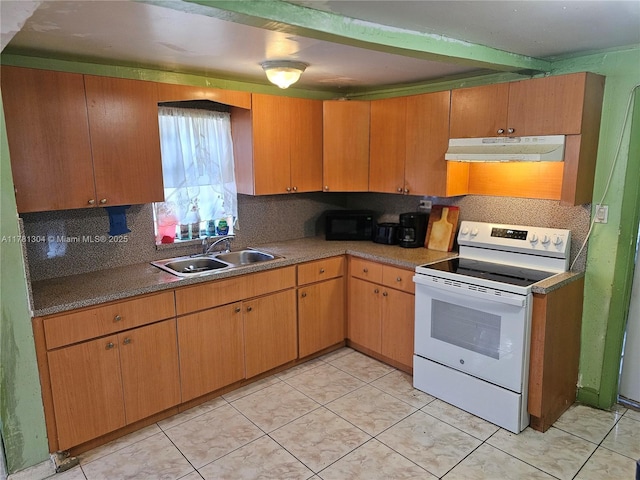 2255 NW 85th St, Miami, FL 33147 - kitchen featuring tasteful backsplash, a sink, white electric stove, under cabinet range hood, and black microwave