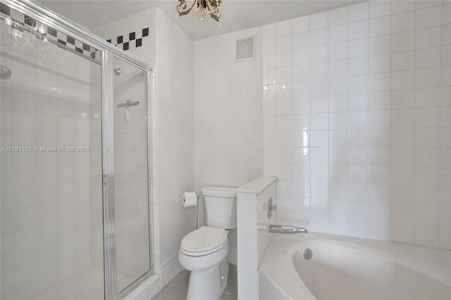 full bath featuring a bath, visible vents, a shower stall, and toilet