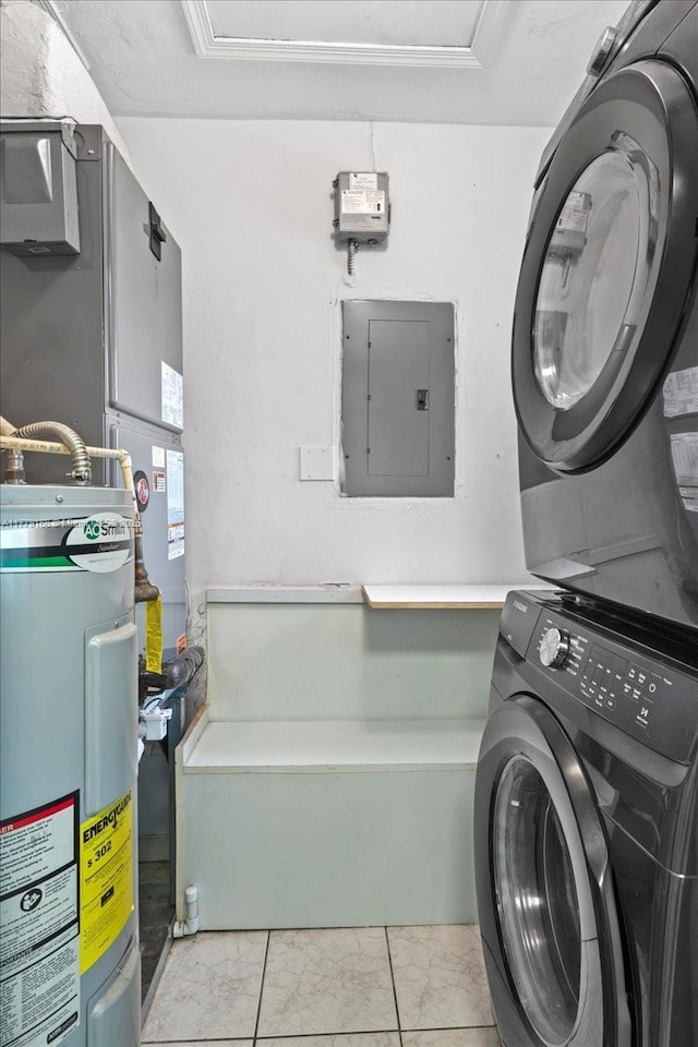 6001 NW 67th Ave, Tamarac, FL 33321 - laundry room featuring water heater, electric panel, stacked washer / drying machine, laundry area, and marble finish floor