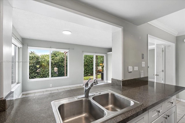 6001 NW 67th Ave, Tamarac, FL 33321 - kitchen with baseboards, ornamental molding, white cabinetry, dark countertops, and a sink