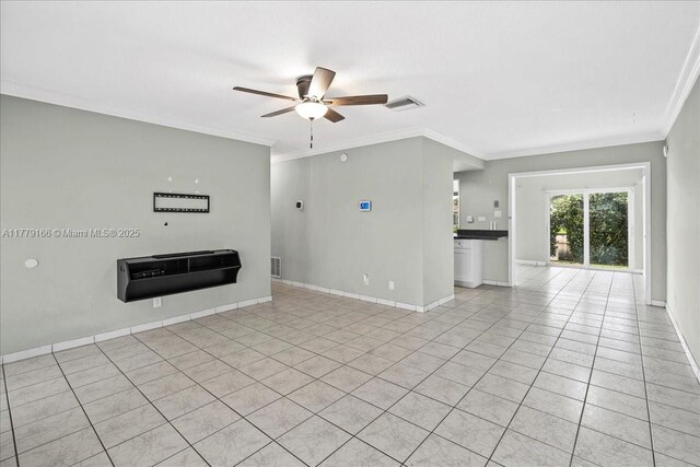 6001 NW 67th Ave, Tamarac, FL 33321 - unfurnished living room featuring light tile patterned floors, baseboards, visible vents, a ceiling fan, and crown molding