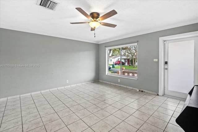 6001 NW 67th Ave, Tamarac, FL 33321 - unfurnished room featuring visible vents, light tile patterned floors, ornamental molding, ceiling fan, and a textured ceiling