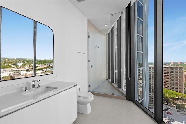 bathroom with a shower stall, toilet, tile patterned floors, and plenty of natural light