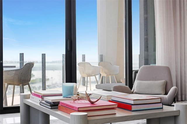 interior space featuring a water view
