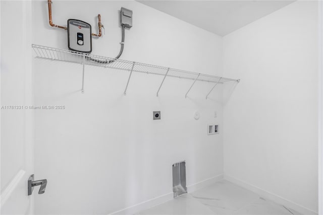 laundry room with laundry area, hookup for a washing machine, electric dryer hookup, marble finish floor, and baseboards