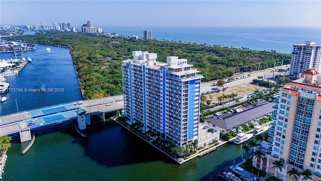 aerial view with a water view and a view of city