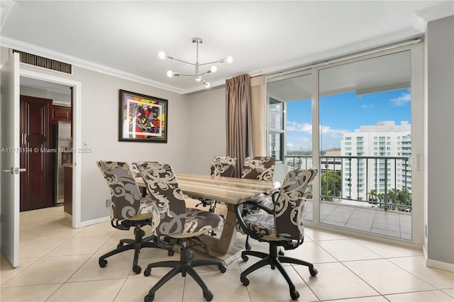 dining area featuring crown molding, floor to ceiling windows, baseboards, and light tile patterned flooring
